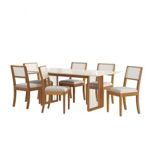 Conjunto Mesa De Jantar Madeira Maciça Com 6 Cadeiras Tecido Linho Caqui Com Tela