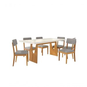 Conjunto Mesa De Jantar Madeira Maciça Com 6 Cadeira Tecido Bouclé Cinza