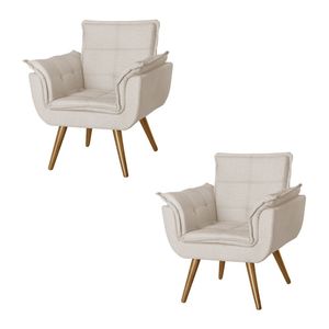 Kit 2 Poltronas Opala Decorativa Para Recepção Estofado Linho Bege