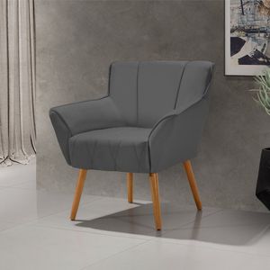 Poltrona Decorativa Itália Para Sala De Estar Base Madeira Maciça Estofado Veludo Cinza Grafite - Cinza