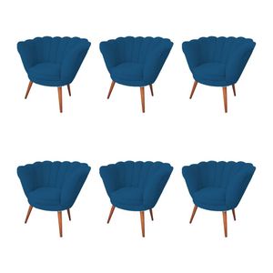 Kit 6 Poltronas Decorativa Pétala Para Clínicas E Base Madeira Maciça Estofado Linho Azul - Azul
