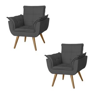 Kit 2 Poltronas Opala Decorativa Para Recepção Estofado Linho Cinza Grafite - Cinza