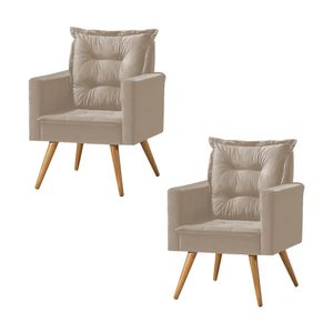 Kit 2 Poltronas Cancun Decorativa Para Recepção Estofado Linho Bege Pés Palito - Bege