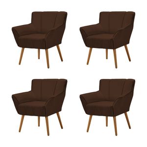 Kit 4 Poltronas Decorativa Itália Para Sala De Estar Base Madeira Maciça Estofado Veludo Marrom - Marrom