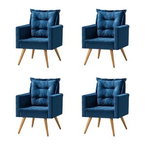 Kit 4 Poltronas Cancun Decorativa Para Recepção Estofado Veludo Azul Pés Palito - Azul