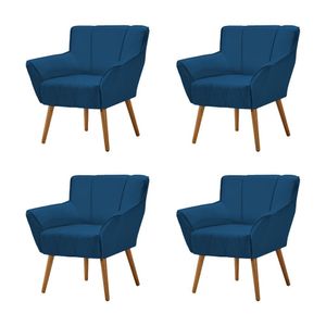 Kit 4 Poltronas Decorativa Itália Para Sala De Estar Base Madeira Maciça Estofado Veludo Azul - Azul