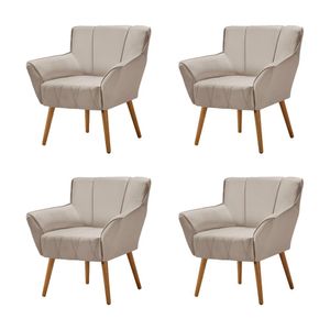 Kit 4 Poltronas Decorativa Itália Para Sala De Estar Base Madeira Maciça Estofado Linho Bege - Bege