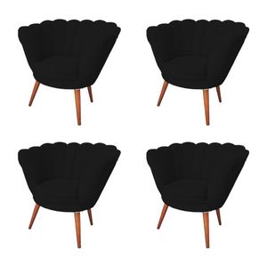 Kit 4 Poltronas Decorativa Pétala Clínicas E Consultórios Base Madeira Maciça Estofado Veludo Preto - Preto
