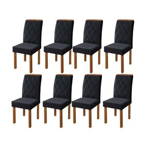Kit 8 Cadeiras De Jantar Estofada Iza Base Madeira Maciça Tecido Veludo Preto - Preto
