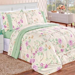 Edredom King 200 Fios Estampado Dupla Face 3 Peças Naturalle Verde Floral
