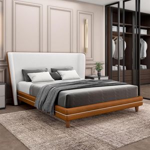 Conjunto Cama Com Cabeceira Queen Torres Pés Em Madeira Pu/bouclê Caramelo/off White G91 - Gran Belo