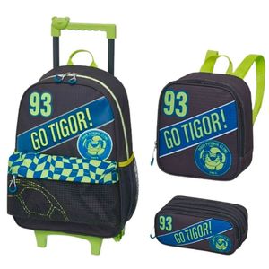 Kit Mochila Rodinhas + Estojo Duplo + Lancheira Térmica Tigre Go Tigor! Pacific Verde