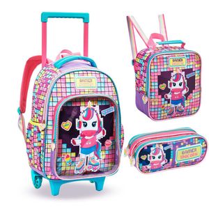 Kit Mochila De Rodinhas + Lancheira Térmica + Estojo Duplo Unicórnio Gamer Denlex