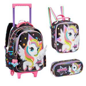 Kit Mochila De Rodinhas + Lancheira + Estojo Duplo Estrela Unicórnio Denlex