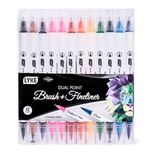 Marcador Dual Point Brush + Fineliner 12 Cores Lyke