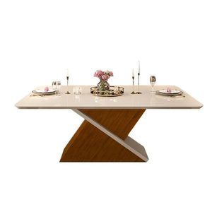Mesa Para Cozinha Zafira Com Tampo Madeirado Com Vidro Curvo 200x100cm Freijó Off White Dj Móveis