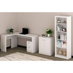 Escritório Completo 1 Mesa De Canto Para Escritório Me4129 + 1 Balcão Me4103 + 1 Estante Me4104 3 Peças Branco Tecno Mobili