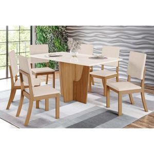 Conjunto Mesa Sala Jantar Vértice Tampo Madeirado Com Vidro 160x80cm E 6 Cadeiras Milla Nature Linho Henn