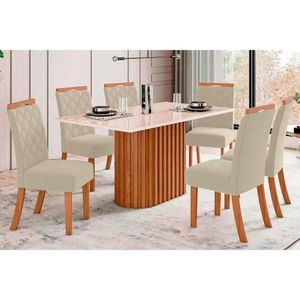 Conjunto Mesa Sala Jantar Solana Com Tampo Madeirado Com Vidro Reto 160x90cm E 6 Cadeiras Bella Nature Linho Henn
