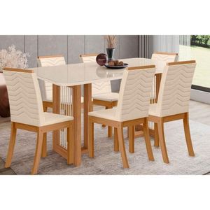 Conjunto Mesa Sala Jantar Yara Sc79 Tampo Madeirado Com Vidro Canto Curvo 160x90cm E 6 Cadeiras Isa Nature Linho Henn