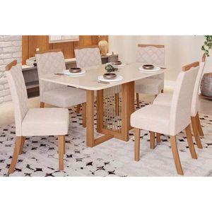 Conjunto Mesa Sala Jantar Natali Com Tampo Madeirado Com Vidro Curvo 160x90cm E 6 Cadeiras Bella Nature Linho Henn