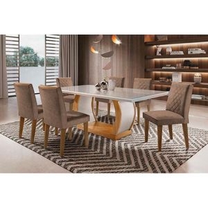 Conjunto Mesa Sala Jantar Jade Tampo Madeirado Com Vidro Reto 180x90 E 6 Cadeiras Jade Imbuia Suede Capuccino Rufato
