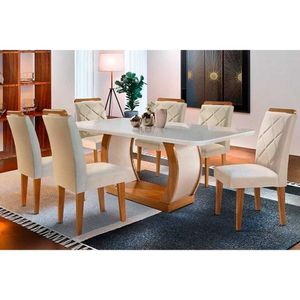 Conjunto Mesa Sala Jantar Jade Tampo Madeirado Com Vidro Curvo 180x90 E 6 Cadeiras Melissa Imbuia Suede Creme Rufato
