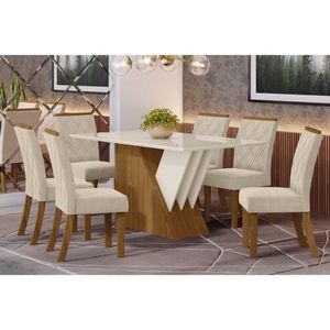 Conjunto Mesa Sala Jantar Henn Epic Tampo Mdf Com Vidro 160cm E 6 Cadeiras Vita Nature Linho Henn