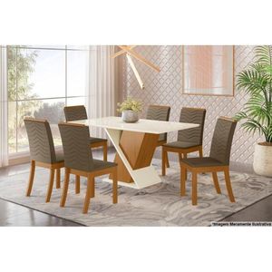 Conjunto Mesa De Cozinha Solus Com Tampo Madeirado 160x90cm E 6 Cadeiras Isa Nature Suede Light Bege Henn