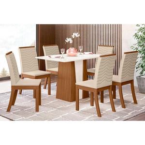 Conjunto Mesa De Cozinha Orus Tampo Madeirado 120x80cm E 6 Cadeiras Isa Nature Off White Linho Bege Henn