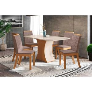 Conjunto Mesa De Cozinha Luiza Com Tampo De Vidro 160x90cm E 6 Cadeiras Isa Nature Off White Suede Marrom Henn