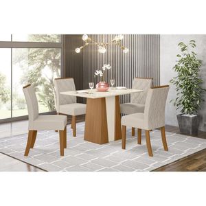Conjunto Mesa De Cozinha Orus Com Tampo Madeirado 120x80cm E 4 Cadeiras Vita Nature Off White Linho Bege Henn