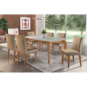Conjunto Mesa De Cozinha Londrina Tampo Madeirado Com Vidro 180x90cm E 6 Cadeiras Jade Imbuia Suede Capuccino Rufato