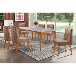 Conjunto Mesa De Cozinha Londrina Tampo Madeirado Com Vidro 180x90cm E 6 Cadeiras Dafne Imbuia Suede Capuccino Rufato