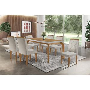 Conjunto Mesa De Cozinha Londrina Tampo Madeirado Com Vidro 180x90cm E 6 Cadeiras Melissa Capuccino Suede Creme Rufato