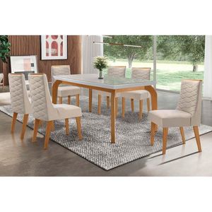 Conjunto Mesa De Cozinha Londrina Tampo Madeirado Com Vidro 180x90cm E 6 Cadeiras Dafne Capuccino Suede Creme Rufato