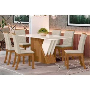 Conjunto Mesa De Cozinha Épic Sc24 Tampo Madeirado Com Vidro Canto Curvo 160x90cm E 6 Cadeiras Isa Nature Linho Henn