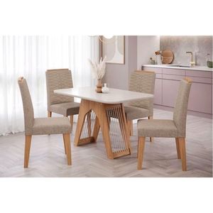 Conjunto Mesa De Cozinha Carol Tampo Madeirado Com Vidro 130x80cm E 4 Cadeiras Clarice Madeirado Linho Bege Cimol