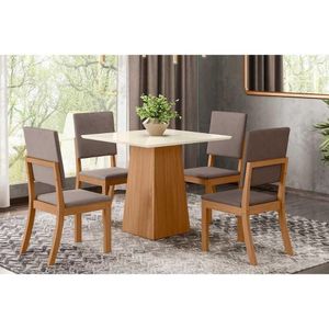 Conjunto Mesa De Cozinha Dora Tampo Madeirado 90cm E 4 Cadeiras Milla Nature Suede Light Marrom Amendoa Henn