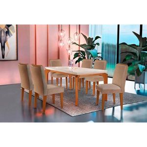 Sala De Jantar Londrina Tampo Madeirado Com Vidro 180cm 6 Cadeiras Lunara Imbuia Linho Rústico Rufato