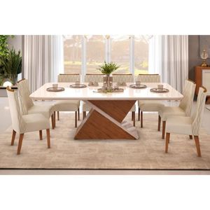 Sala De Jantar Zafira Tampo Madeirado Com Vidro Curvo 200x100cm E 8 Cadeiras Jade Freijo Off White Linho Neve