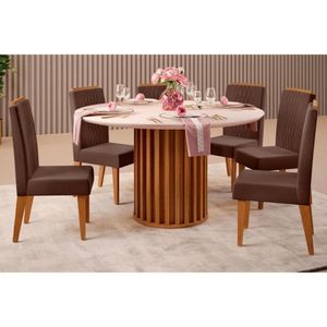 Sala De Jantar Viena Tampo Madeirado Com Vidro 136cm E 6 Cadeiras Lia Freijo Off White Suede Moca