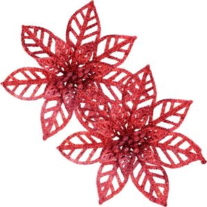 Kit 16 Flores Vermelha Gliter Decoração árvore De Natal 14cm