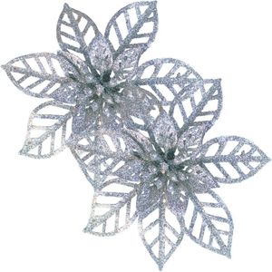 Kit 8 Flores Prata Gliter Decoração árvore De Natal De 14cm