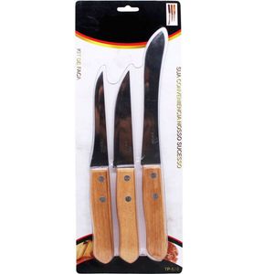 Kit Jogo Facas Faqueiro Cozinha Churrasco Cabo Madeira 3 Peças