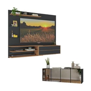 Painel Com Suporte Para TV Até 65 Polegadas Com Aparador 4 Portas Com Espelho Multimóveis MP1089 Rustic Preto