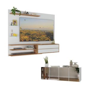 Painel Com Suporte Para TV Até 65 Polegadas Com Aparador 4 Portas Com Espelho Multimóveis MP1089 Rustic Branco