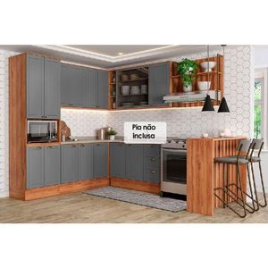 Cozinha Completa 9 Peças Bella 3 Aéreos 3 Balcões 1 Torre Quente 1 Ilha 1 Complemento C9p200 Nogal Cinza