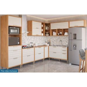 Cozinha Completa 9 Peças Eloise 4 Aéreos 4 Balcões 1 Paneleiro Cz025 Freijó Off White