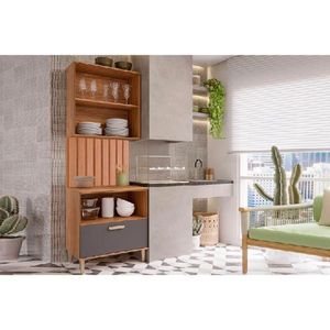 Cozinha Completa 2 Peças Bella 3 Peças Sem Portas 1 Aéreo 1 Balcão 1 Painel Ripado 80cm Freijó Titanium